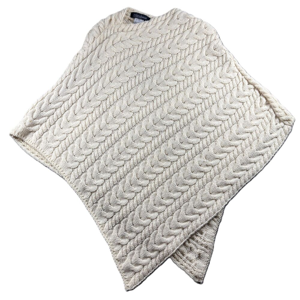 Ireland's Eye Women Cable Knit Poncho Sweater 100% Merino Wool Ivory L/XL P228